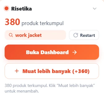 Panel ringkas Risetika di pojok halaman Shopee: 380 produk terkumpul dan tombol Buka Dashboard.