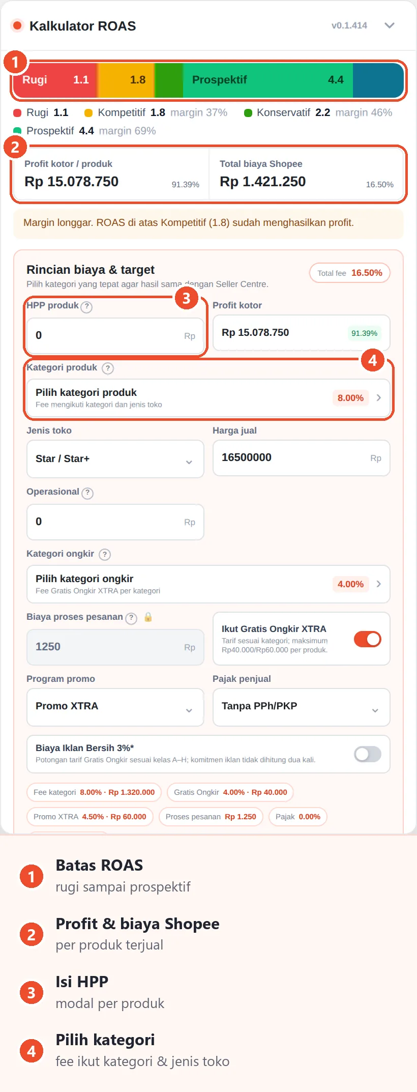 Panel Kalkulator Target ROAS di Seller Centre dengan rincian biaya per kategori, Gratis Ongkir XTRA, Promo XTRA, dan biaya proses pesanan.