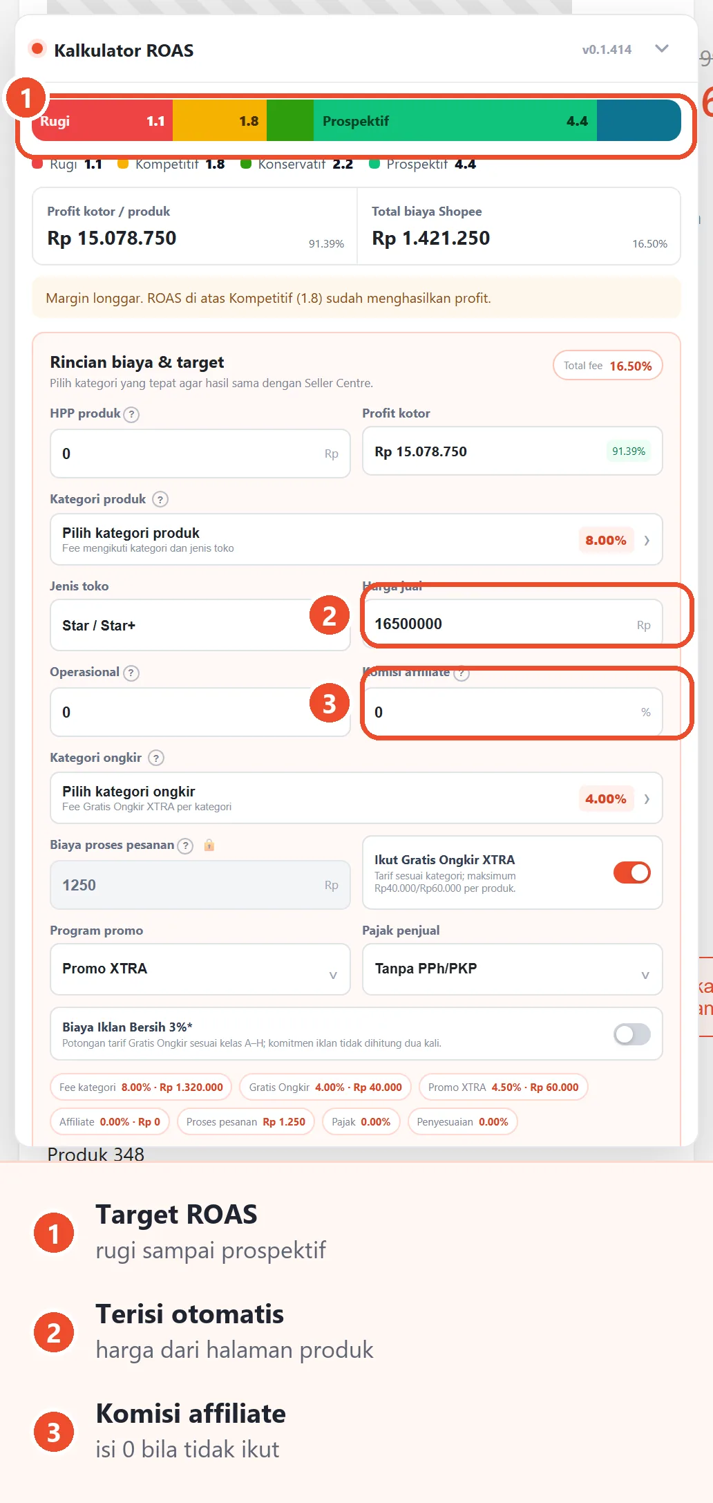 Panel Kalkulator ROAS Risetika di halaman produk Shopee: skala target dari Rugi sampai Prospektif, profit kotor, dan total biaya Shopee.